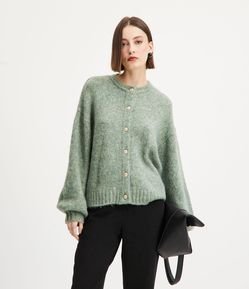Cardigan em Tricô com Mangas Bufantes e Botões Texturizados