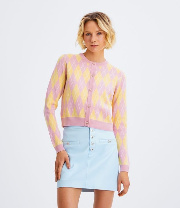 Cardigan em Tricô com Estampa de Losangos e Botões em Pérola