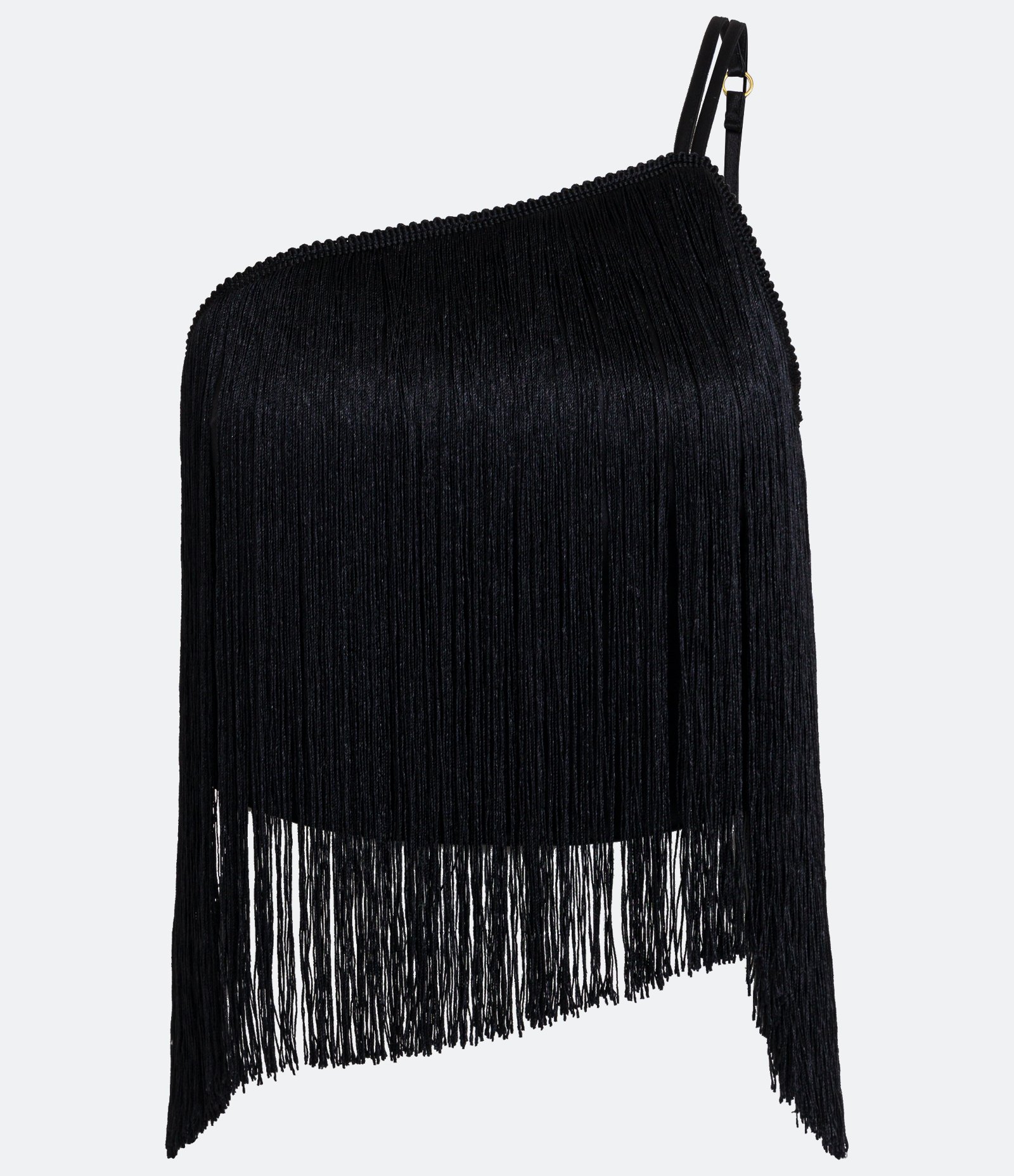 Blusa Cropped em Crepe com Ombro Só e Franjas Preto 1