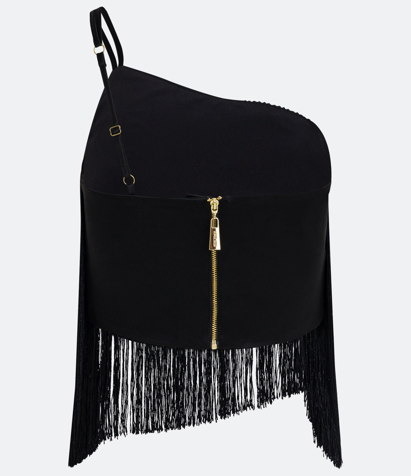 Blusa Cropped em Crepe com Ombro Só e Franjas Preto 2