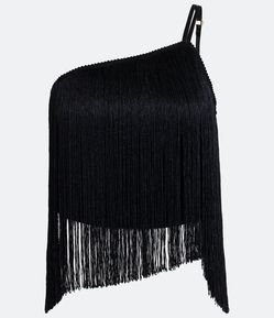 Blusa Cropped em Crepe com Ombro Só e Franjas