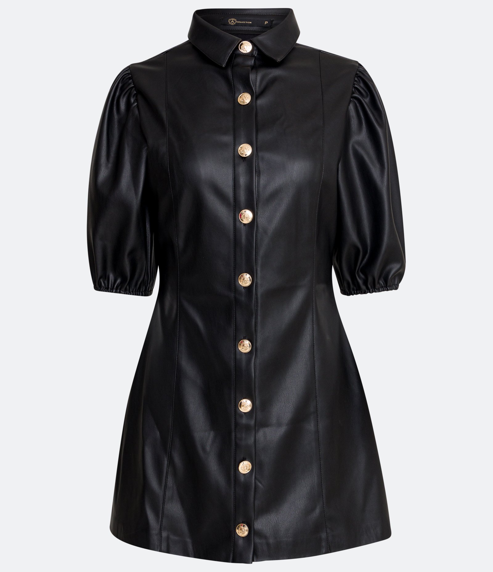 Vestido em Material Sintético com Manga Curta Bufante e Botões Metálicos Preto 5