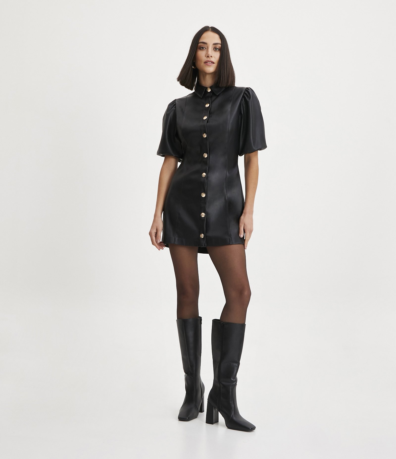 Vestido em Material Sintético com Manga Curta Bufante e Botões Metálicos Preto 2