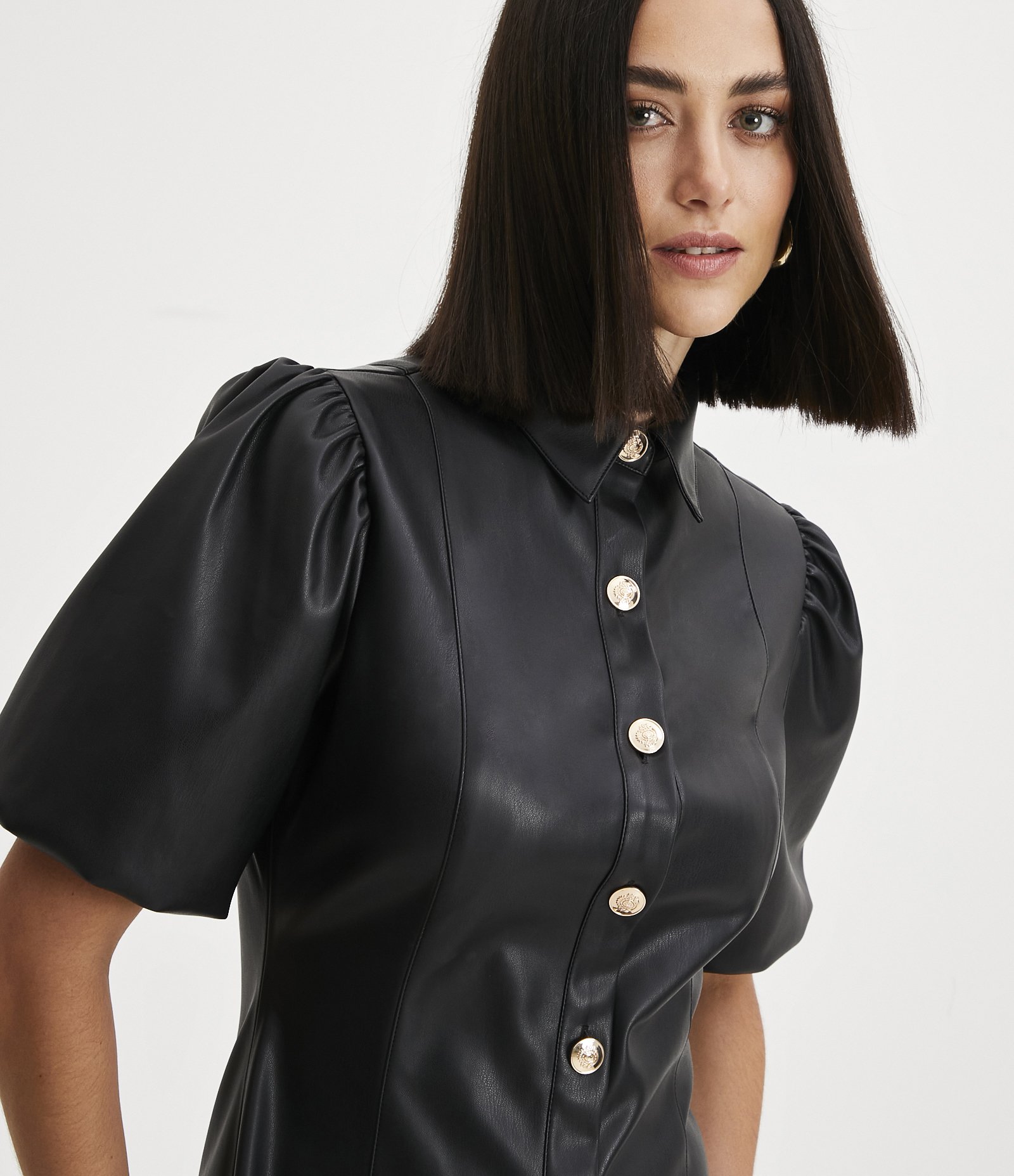 Vestido em Material Sintético com Manga Curta Bufante e Botões Metálicos Preto 4