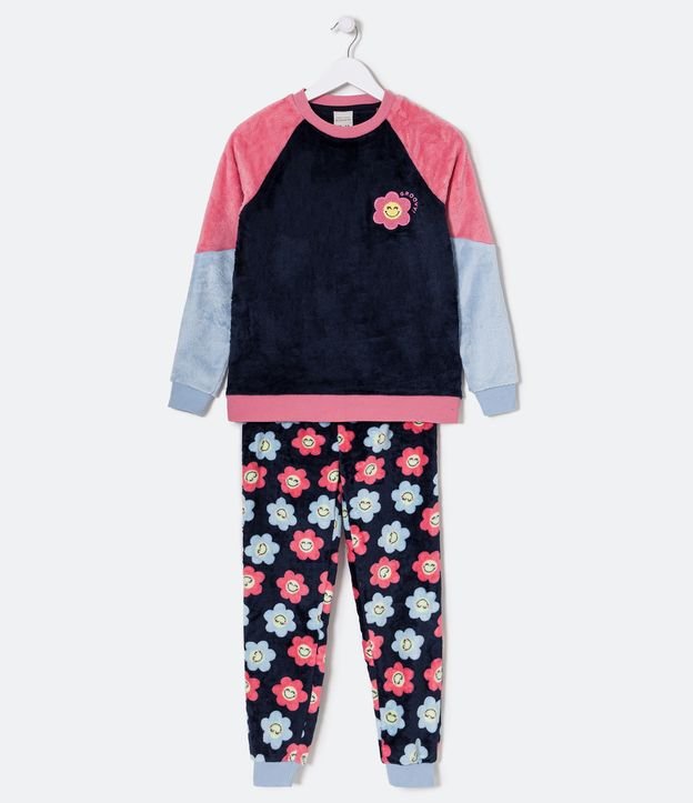 Pijama Largo Infantil en Fleece con Bordado de Margarita - Talle 5 a 14 años Negro 1
