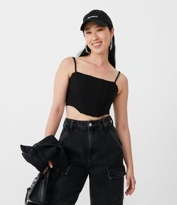 Blusa Cropped de Alça em Bengaline com Design Corsert