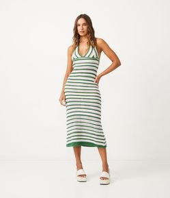 Vestido New Midi Frente Única em Tricô com Listras e Ponto Crochê