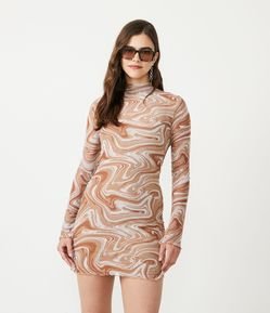 Vestido Curto Manga Longa em Tule com Gola Alta e Estampa Abstrata