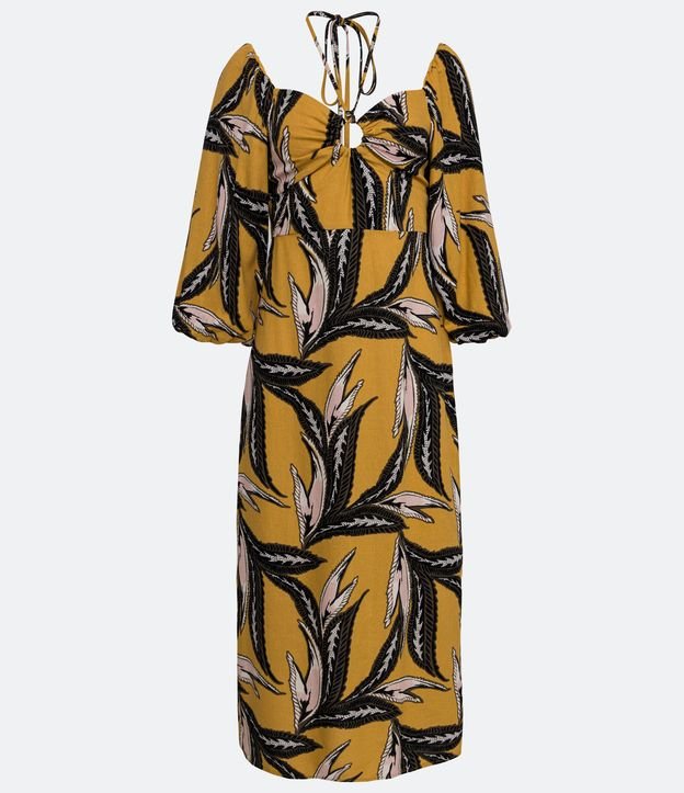 Vestido New Midi em Linho com Amarração Frontal e Estampa de Folhas Amarelo/Preto 7