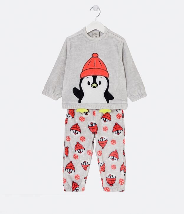 Pijama Infantil en Fleece con Estampado Interactivo de Pingüinos - Talle 1 a 4 años Gris 1