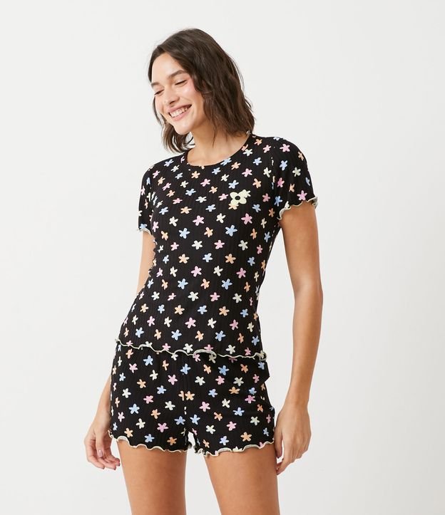 Pijama Curto em Ribana com Estampa Floral