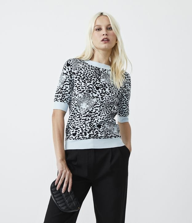 Blusa em Tricô com Estampa Animal Print de Onça - Cor: Preto/Branco - Tamanho: G