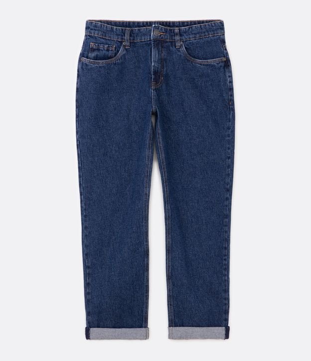Calça Reta Jeans com Bolsos e Barra Dobrada Azul Médio 6