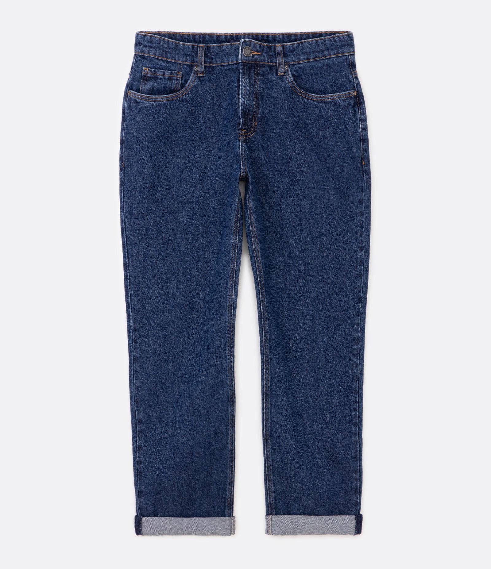Calça Reta Jeans com Bolsos e Barra Dobrada Azul Médio 5