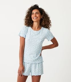 Pijama Curto em Ribana com Estampa Mini Circulos e Coração