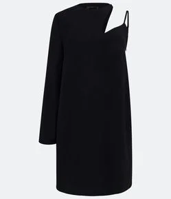 Vestido em Crepe Manga Longa e Recorte no Ombro