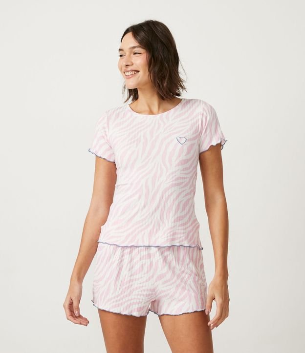 Pijama Corto en Ribana con Estampado Animal Print Cebra y Corazón Rosado 1