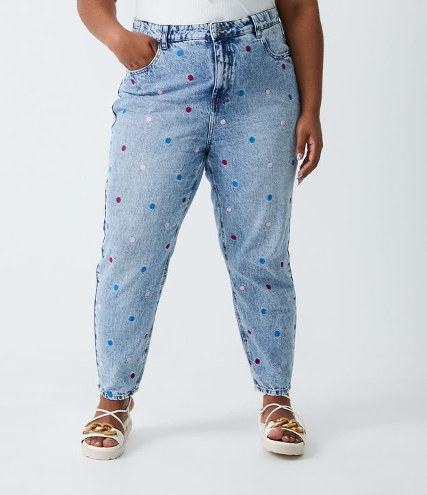 Pantalón Mom Jeans con Mini Lunares Bordado Curve & Plus Size Azul 1