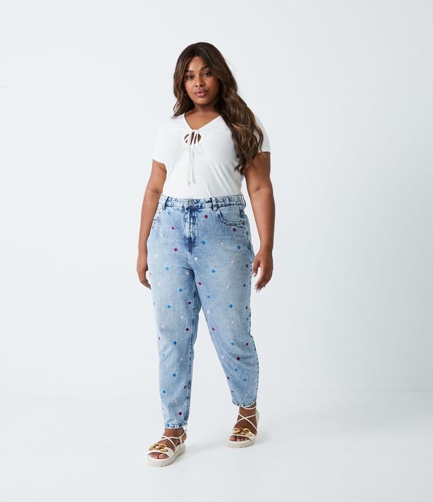 Pantalón Mom Jeans con Mini Lunares Bordado Curve & Plus Size Azul 2