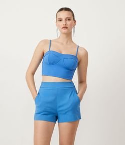 Blusa Cropped Alfaiataria em Crepe com Recorte Corset e Pespontos