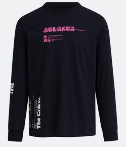 Camiseta Regular em Algodão com Lettering Atlanta e Manga Longa
