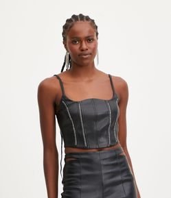 Blusa Cropped Corset de Alça com Recortes em Strass
