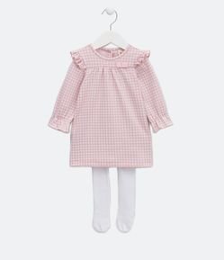 Vestido Infantil Xadrez com Lacinho Aplicado e Meia Calça - Tam 0 a 18 meses