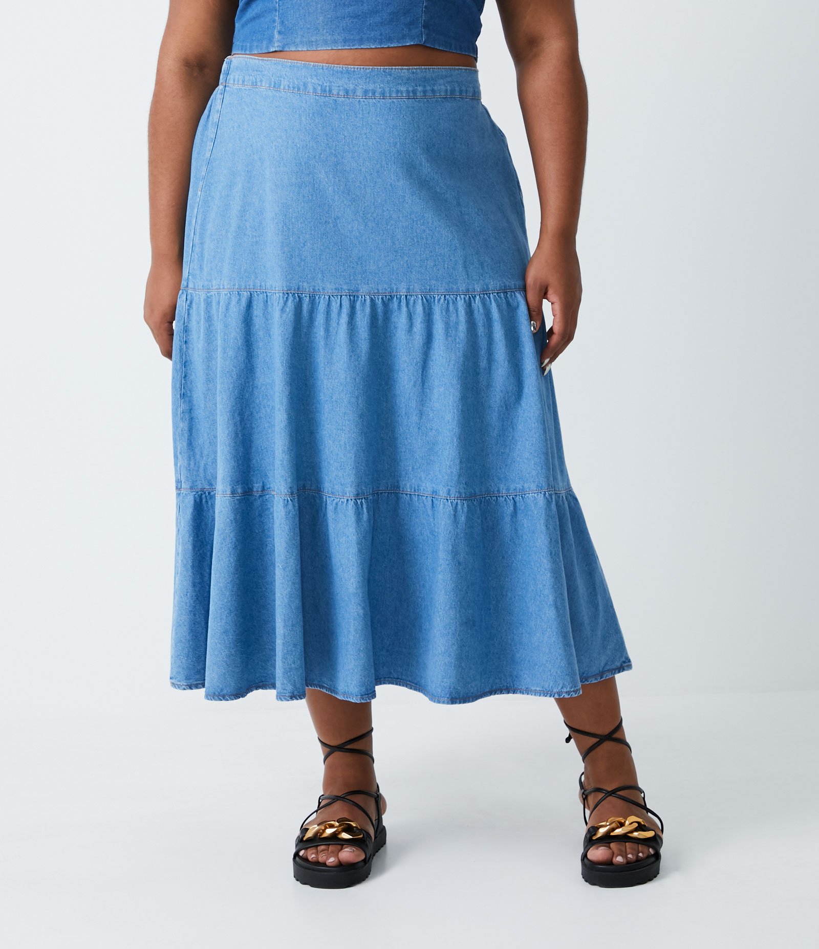 Saia Midi Jeans com Babados Curve & Plus Size Azul 1