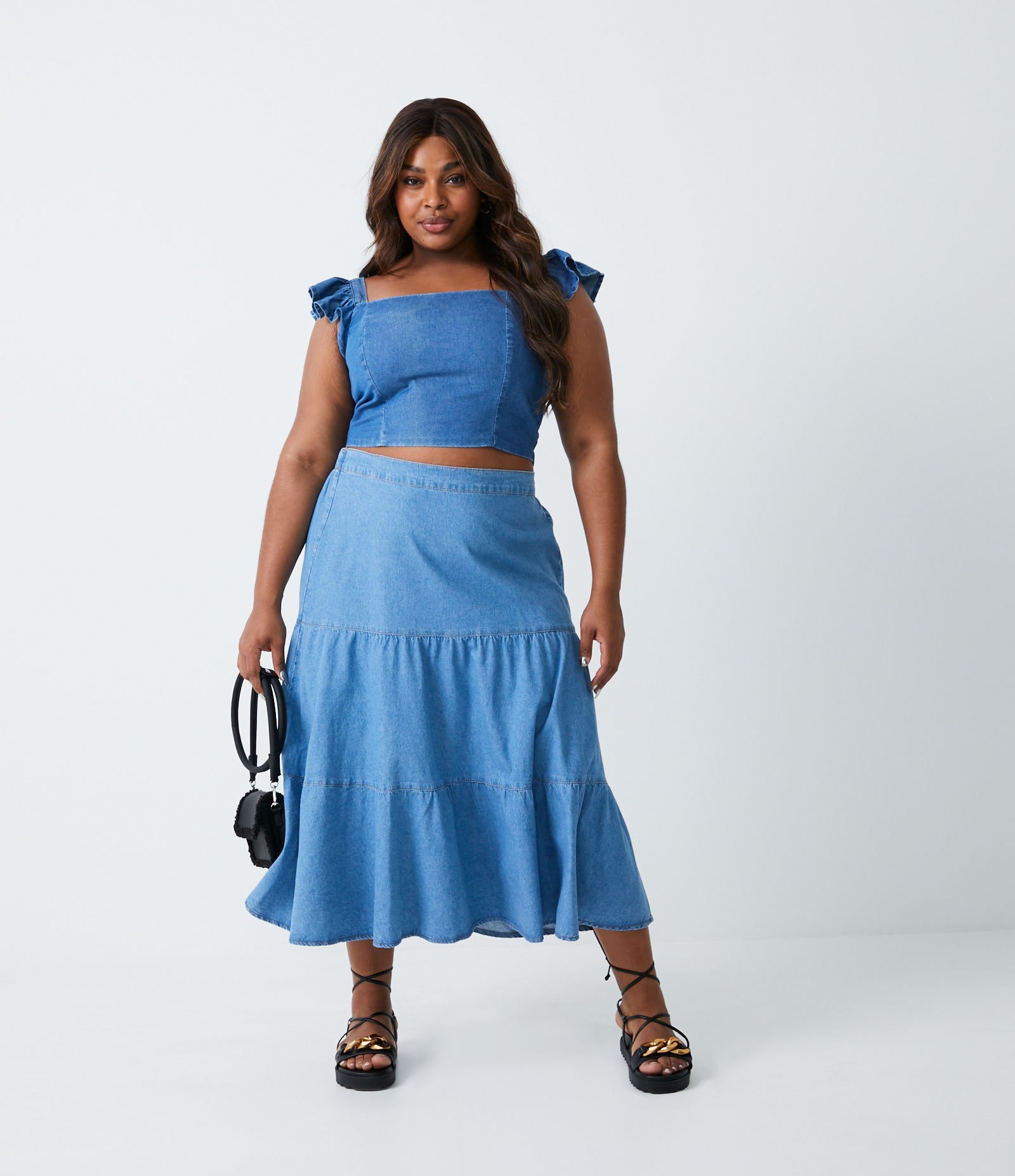 Saia Midi Jeans com Babados Curve & Plus Size Azul 2