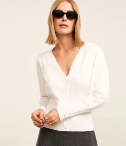 Cardigan em Tricô com Manga Bufante e Botão Pérola