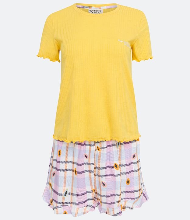 Pijama Short Doll en Ribana con Estampado Cuadrillé y Papaya Amarillo 5
