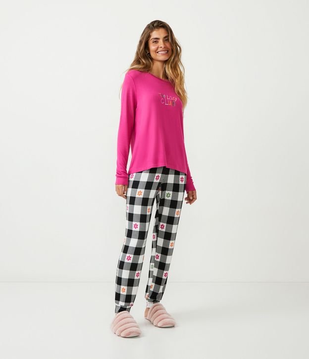 Pijama Longo em Viscolycra com Blusa Manga Curta e Calça Xadrez Pied-de- Poule, Shopping