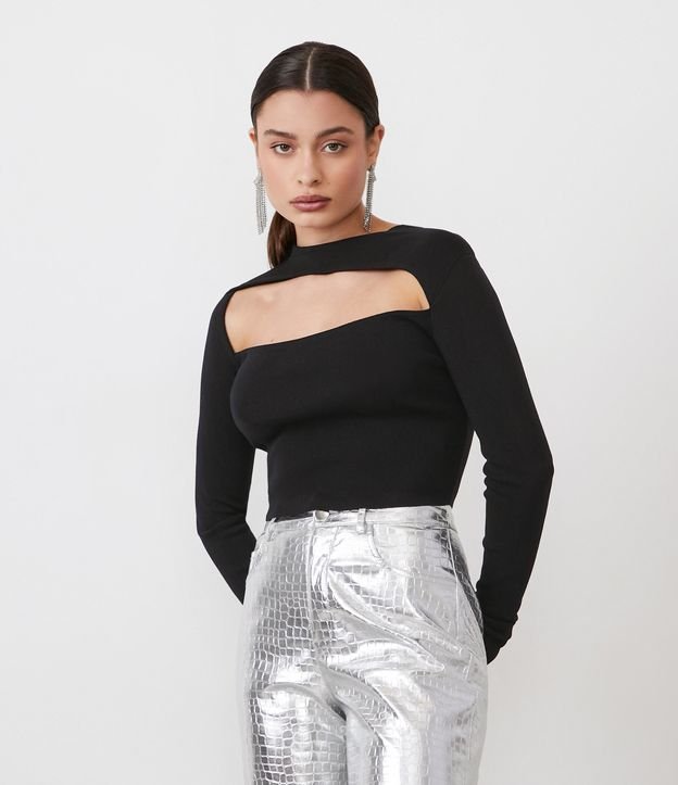 Blusa en Punto Acanelado con Cutout en Manga Larga Negro 1