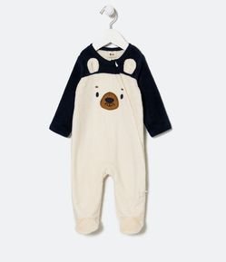 Macacão Longo Infantil em Fleece com Pés e Bordado Cara de Urso - Tam 0 a 18 mesess
