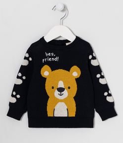 Blusão Infantil em Tricô Estampa de Urso e Patinhas nas Mangas - Tam 0 a 18 meses
