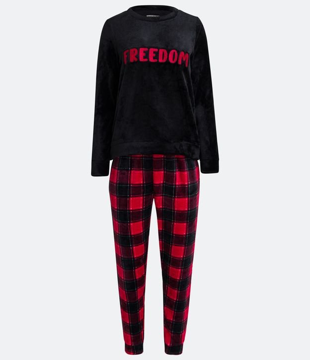 Pijama Largo en Fleece con Estampado de Cuadros Negro 5
