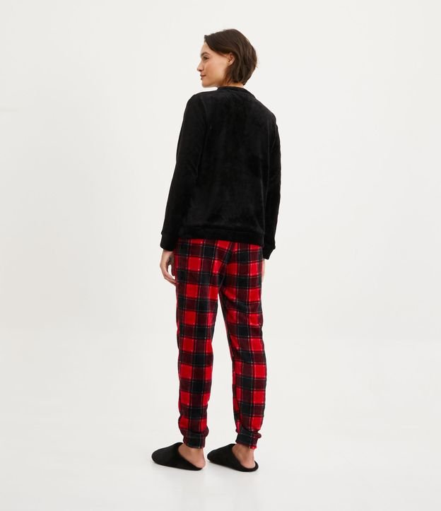 Pijama Largo en Fleece con Estampado de Cuadros Negro 2