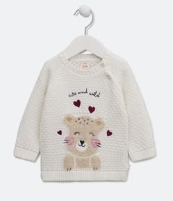 Blusão Infantil em Tricô com Textura e Oncinha Felpuda - Tam 0 a 18 meses