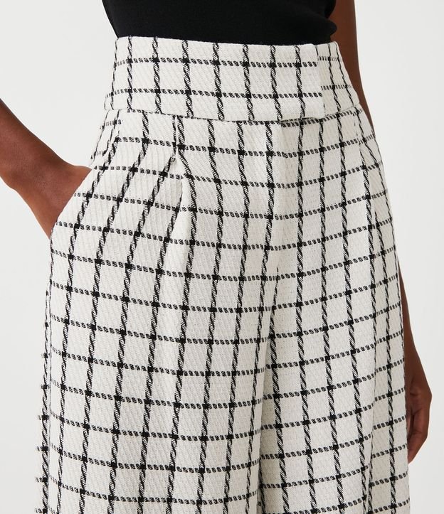 Pantalón Wide Leg con Pliegues y Estampado de Cuadros Grid Blanco 4