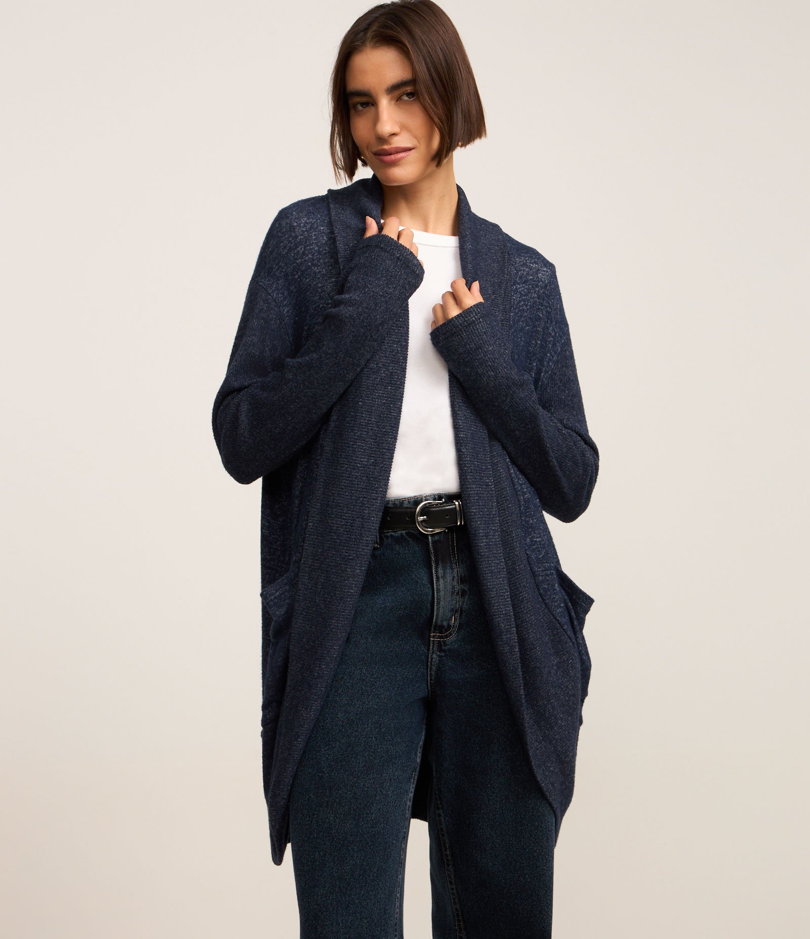 Cardigan Alongado Manga Longa em Tricô Azul Mescla 1