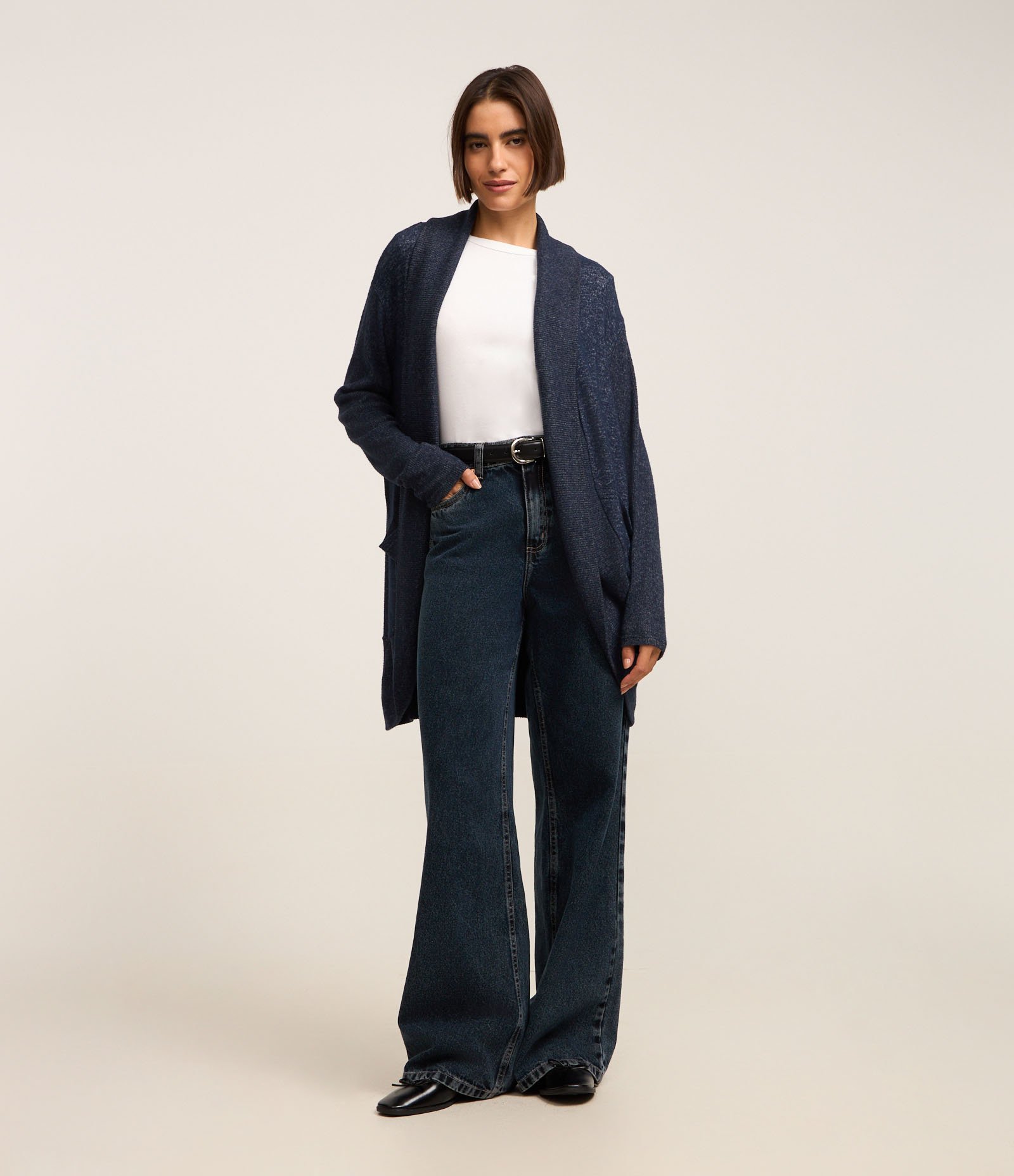 Cardigan Alongado Manga Longa em Tricô Azul Mescla 2