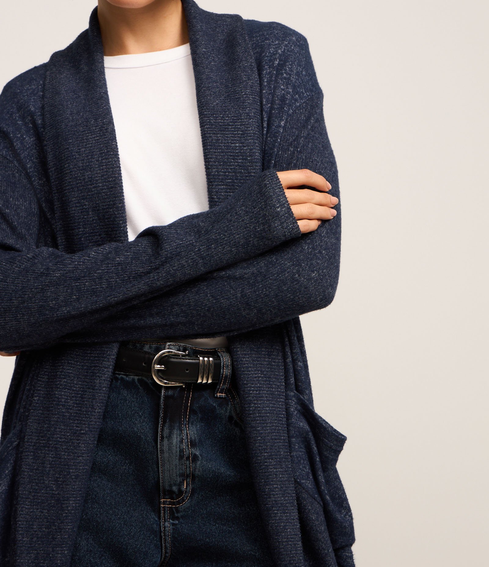 Cardigan Alongado Manga Longa em Tricô Azul Mescla 3