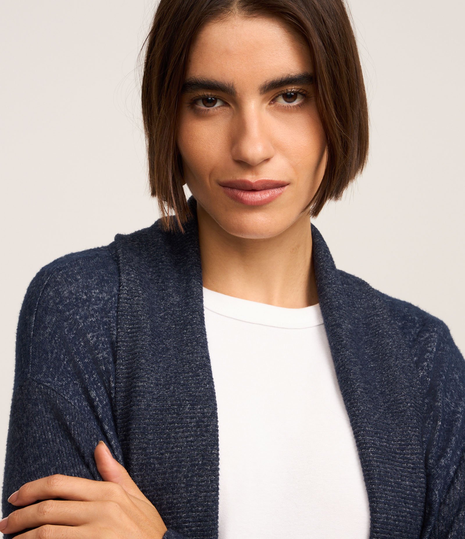 Cardigan Alongado Manga Longa em Tricô Azul Mescla 4