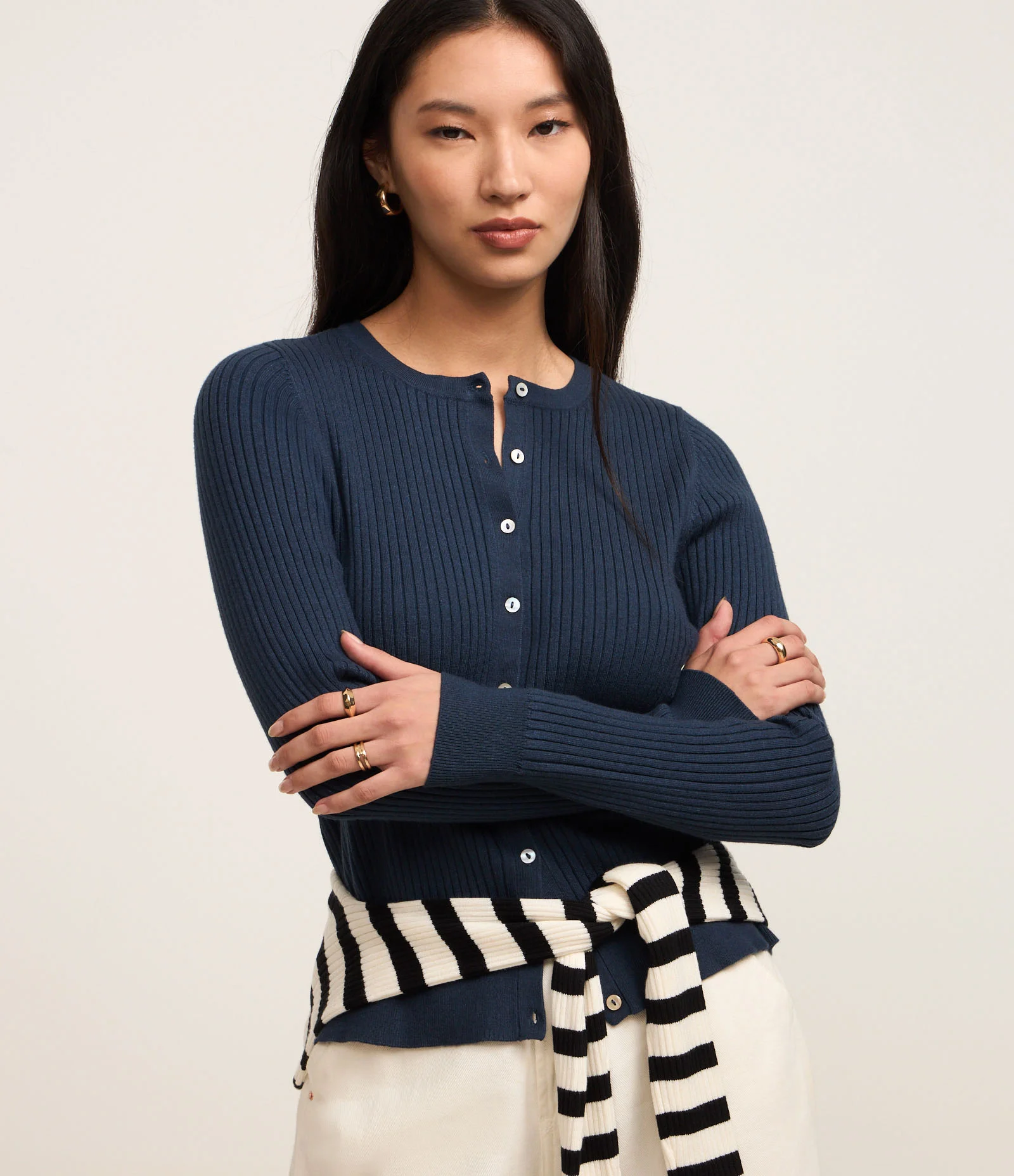 Cardigan Curto em Tricô com Textura Canelada Azul 1