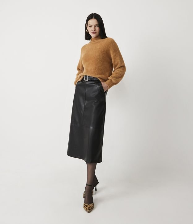 Blusa en Tejido de Punto con Cuello Alto y Felpas Beige 2