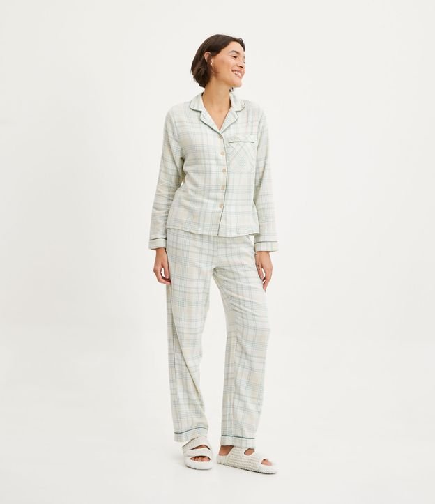 Pijama Americano Largo en Franela Off White 1