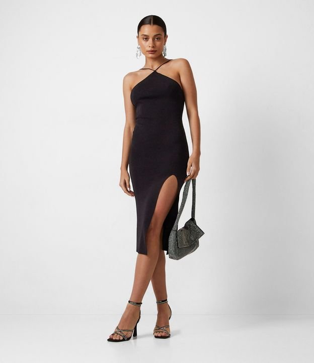 Vestido Midi de Tirantes de Punto con Abertura Negro 1