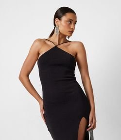 Vestido New Midi de Alça em Tricô com Fenda Robusta