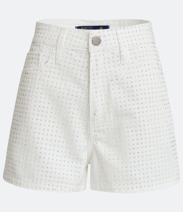 Short Cintura Alta em Jeans com Brilho Aplicado - Cor: Branco - Tamanho: 38