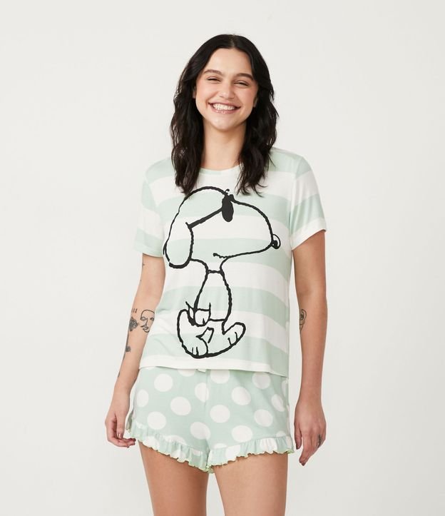 Pijama Corto en Viscolycra con Estampado Snoopy y de Lunares Verde 1